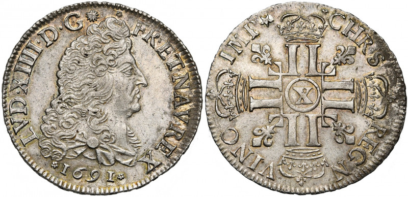 FRANCE, Royaume, Louis XIV (1643-1715), AR demi-écu aux huit L, 1691X, Amiens. 1...