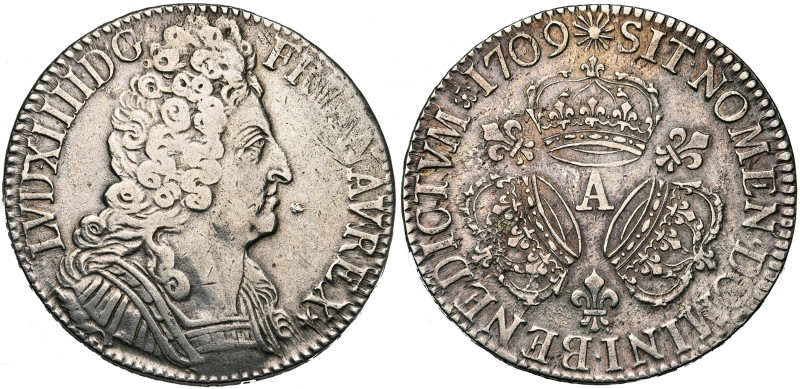 FRANCE, Royaume, Louis XIV (1643-1715), AR écu aux trois couronnes, 1709A, Paris...