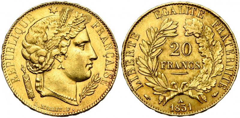 FRANCE, Deuxième République (1848-1852), AV 20 francs, 1851A, Paris. Type Cérès....