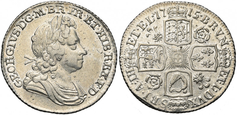 GRANDE-BRETAGNE, Georges Ier (1714-1727), AR shilling, 1715. D/ B. l., dr. et cu...