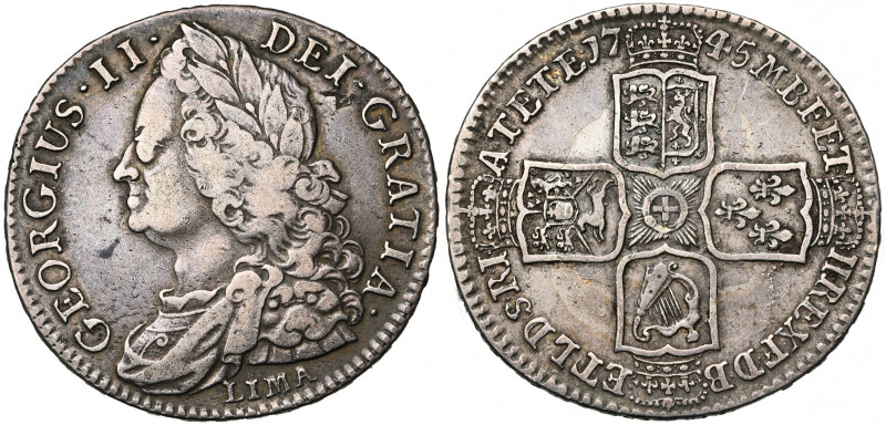 GRANDE-BRETAGNE, Georges II (1727-1760), AR demi-couronne, 1745. Buste âgé. Tran...