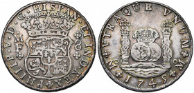 MEXIQUE, Philippe V (1700-1746), AR 8 reales, 1745MF, Mexico. D/ Ecu couronné. R/ Deux globes couronnés entre les colonnes d''Hercule. Cal. 1468; Grov...