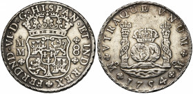 MEXIQUE, Ferdinand VI (1746-1759), AR 8 reales, 1754MM, Mexico. D/ Ecu couronné. R/ Deux globes couronnés entre les colonnes d''Hercule. Cal. 487; Gro...