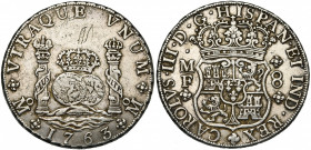 MEXIQUE, Charles III (1759-1788), AR 8 reales, 1763MF, Mexico. D/ Ecu couronné. R/ Deux globes couronnés entre les colonnes d''Hercule. Cal. 1086; Gro...