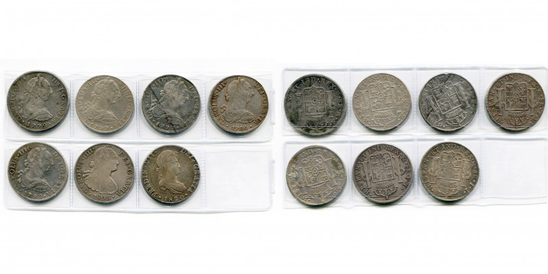 MEXIQUE, lot de 7 p. de 8 reales: Charles III, 1772FM (inversé, chopmarks), 1777...