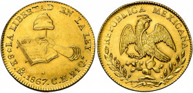 MEXIQUE, République (1823-1905), AV 8 escudos, 1867CH, Mexico. Grove 5177; Fr. 64. 27,00g.
Très Beau à Superbe