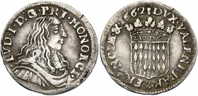 MONACO, Louis Ier Grimaldi (1662-1702), AR douzième d''écu (5 sols), 1662. D/ B. dr. et cuir. à d., les cheveux longs. R/ Ecu couronné. Gad. 50; Camma...