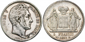 MONACO, Honoré V (1819-1841), AR 5 francs, 1837M. Sur la tranche: *** DEO* JUVANTE. Gad. 107. Nettoyé.
Très Beau