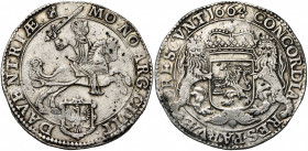 NEDERLAND, DEVENTER, Stad, AR zilveren rijder (dukaton), 1664. Vz/ Ridder te paard r. boven stadswapen. Kz/ Gekroond Generaliteitswapen gehouden door ...