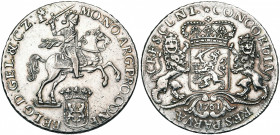 NEDERLAND, GELDERLAND, Provincie, AR dukaton (zilveren rijder), 1761. Vz/ Ridder te paard n.r. boven gekroond provinciewapen. Kz/ Gekroond Generalitei...