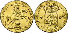 NEDERLAND, WEST-FRIESLAND, AV 7 gulden (halve gouden rijder), 1763. Vz/ Rijder r. met zwaard boven gekroond provinciewapen. Kz/ Gekroond Generaliteits...