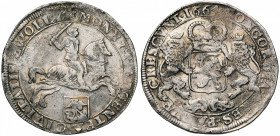 NEDERLAND, ZWOLLE, Stad, AR dukaton (zilveren rijder), 1664. Vz/ Ridder te paard r. boven stadswapen. Kz/ Gekroond Generaliteitswapen gehouden door tw...