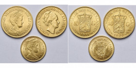 NEDERLAND, Koninkrijk, Wilhelmina (1890-1948), lot van 3 st.: 10 gulden 1911, 1926; 5 gulden 1912.
Prachtig