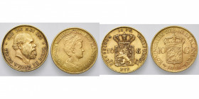 NEDERLAND, Koninkrijk, lot van 2 st.: Willem III, 10 gulden, 1875; Wilhelmina, 10 gulden, 1912.
Zeer Fraai