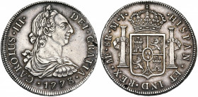 PEROU, Charles III (1758-1788), AR 8 reales, 1773MI, Lima. Cal. 1036. 26,72g Léger défaut de flan sur la tranche. Belle patine.
Très Beau à Superbe...