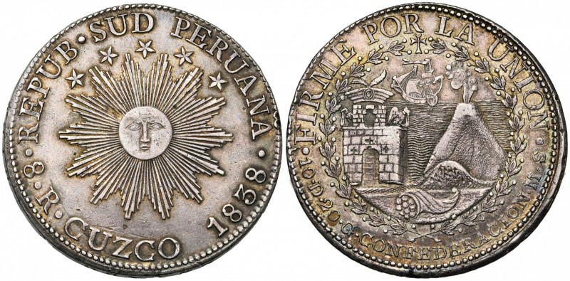 PEROU, République du Sud-Pérou, AR 8 reales, 1838MS, Cuzco. K.M. 170-4. Coups et...