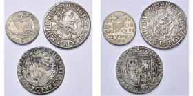 POLOGNE, Sigismond III Wasa (1587-1632), lot de 3 p.: 3 Groschen, 1598, Riga; Ort, 1615, Danzig (griffes); Ort, 1623.
Beau à Très Beau