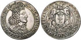 POLOGNE, Jean Casimir (1649-1668), AV Taler, 1650GR, Danzig. D/ B. couronné et cuirassé à d. R/ Ecu de Danzig tenu par deux lions. Au-dessus, un ramea...