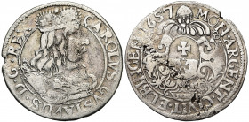 POLOGNE, ELBING, sous domination suédoise, Karl X Gustav (1654-1660), billon Ort (18 Grosz), 1657. D/ B. couronné à d. R/ Armes de la ville. A.A.J. 56...