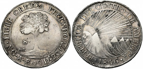 REPUBLIQUE D''AMERIQUE CENTRALE, AR 8 reales, 1846NGA, Guatemala. K.M. 4. Coup sur la tranche.
presque Très Beau
