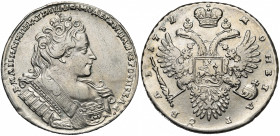 RUSSIE, Anna (1730-1740), AR rouble, 1732, Moscou. D/ B. cuir. de la tsarine à d. R/ Aigle impériale couronnée. Bitkin 52; Uzd. 703. 25,20g Nettoyé.
...