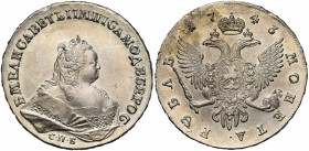 RUSSIE, Elisabeth (1741-1761), rouble, 1743, Saint-Pétersbourg. D/ B. à d. R/ Aigle impériale couronnée. Bitkin 251; Uzd. 778; Dav. 1677. Rare.
presq...