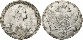 RUSSIE, Catherine II (1762-1796), AR rouble, 1766A, Saint-Pétersbourg. D/ B. à d. Signé TI. R/ Aigle impériale éployée. Bitkin 197; Uzd. 980. 23,99g....