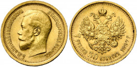 RUSSIE, Nicolas II (1894-1917), AV 7 1/2 roubles, 1897AΓ. Bitkin 17; Fr. 178. Fines griffes.
Très Beau