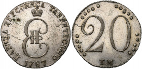 RUSSIE, CRIMEE, Catherine II (1762-1796), Billon 20 kopecks, 1787T.M. D/ Monogramme couronné. R/ Grand chiffre 20. Bitkin 1275; Uzd. 4353. 8,34g Rare ...