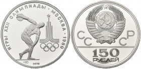 RUSSIE, U.R.S.S. (1917-1991), platine 150 roubles, 1978. Jeux olympiques de Moscou. Discobole. Fr. 183.
Flan poli