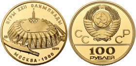 RUSSIE, U.R.S.S. (1917-1991), AV 100 roubles, 1979. Jeux Olympiques de Moscou. Stade couvert. Fr. 190.
Flan poli