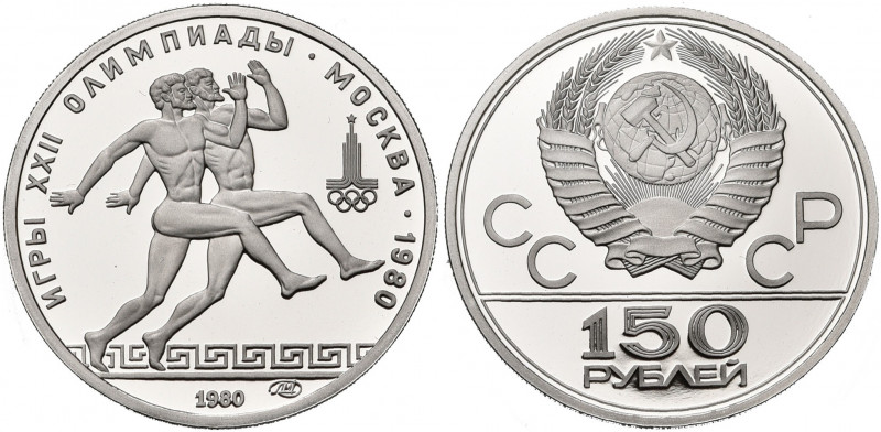 RUSSIE, U.R.S.S. (1917-1991), platine 150 roubles, 1980. Jeux olympiques de Mosc...