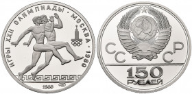 RUSSIE, U.R.S.S. (1917-1991), platine 150 roubles, 1980. Jeux olympiques de Moscou. Course antique. Fr. 186.
Flan poli
