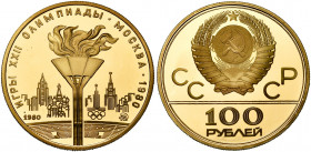 RUSSIE, U.R.S.S. (1917-1991), AV 100 roubles, 1980. Jeux Olympiques de Moscou. Torche olympique. Fr. 192.
Flan poli