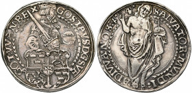 SUEDE, Gustav Vasa (1521-1560), AR daler, 1544, Svartsjö. D/ B. couronné et cuir. du roi à d., au-dessus de son écu, ten. un gl. cr. et son épée sur l...