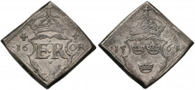 SUEDE, Erik XIV (1560-1568), 16 öre klipping, 1565. Emission de nécessité en cuivre argenté. D/ Ecu marqué ER couronné, entre 16- OR. R/ Ecu couronné,...