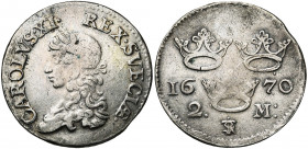 SUEDE, Karl XI (1660-1697), AR 2 Mark, 1670. D/ B. l. et dr. à g. R/ Trois couronnes entre 16-71/ 2-M. A.A.H. 121b. 9,92g.
Beau à Très Beau