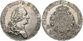 SUEDE, Adolf Fredrik (1751-1771), AR riksdaler, 1770AL, Stockholm. D/ B. nu à d., les cheveux noués par un ruban. R/ Ecu ovale couronné, entouré du co...