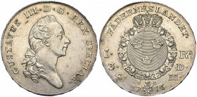 SUEDE, Gustav III (1771-1792), AR riksdaler, 1776OL, Stockholm. D/ T. nue à d., les cheveux noués par un ruban. R/ Ecu ovale couronné, entouré du coll...