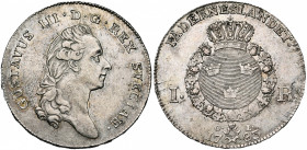 SUEDE, Gustav III (1771-1792), AR riksdaler, 1783OL, Stockholm. D/ T. nue à d., les cheveux noués par un ruban. R/ Ecu ovale couronné, entouré du coll...