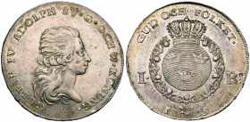 SUEDE, Gustav IV Adolf (1792-1809), AR riksdaler, 1795OL, Stockholm. D/ T. nue à d. R/ Ecu ovale couronné, entouré du collier de l''Ordre du Séraphin....