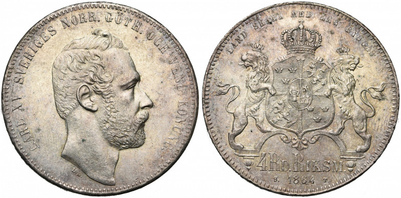 SUEDE, Karl XV (1859-1872), AR 4 riksdaler riksmynt, 1864. A.A.H. 17. Petits cou...