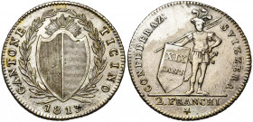 SUISSE, TESSIN (TICINO), Canton, AR demi-Taler (2 franchi), 1813, Lucerne. Avec étoile. D/ Ecu du Tessin dans une couronne de laurier. R/ Guerrier deb...