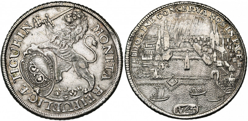 SUISSE, ZURICH, Ville, AR Taler, 1745. D/ Lion deb. à g., ten. une épée et l''éc...