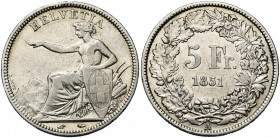 SUISSE, Confédération helvétique, AR 5 francs, 1851A, Paris. Divo 12; Dav. 376. Nettoyé.
Beau à Très Beau