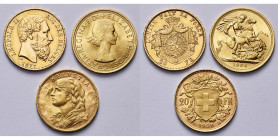 lot de 3 p. en or: Belgique, 20 francs, 1877; Grande-Bretagne, souverain, 1964; Suisse, 20 francs, 1935.
Très Beau à Superbe