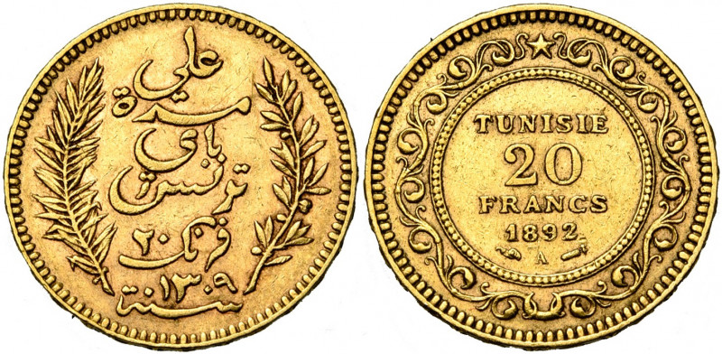 TUNISIA, French Protectorate, `Ali Bey (AD 1882-1902/AH 1299-1320) AV 20 francs,...