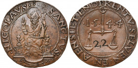 PAYS-BAS MERIDIONAUX, Anvers, Cu méreau, 1544. Méreau de la corporation des merciers (kramers). D/ Saint Nicolas trônant de f., bénissant et ten. une ...