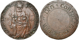 PAYS-BAS MERIDIONAUX, Gand, Cu méreau, 1544. Méreau du Chapitre de Saint-Bavon. D/ SIG CAPLI SANCTI- BAVONIS GANDEN Charles Quint trônant de f., ten. ...