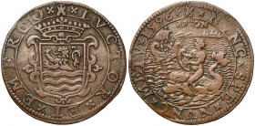 PAYS-BAS SEPTENTRIONAUX, Cu jeton, 1596, Middelbourg. Etats de Zélande - Essor du commerce maritime vers les contrées lointaines. D/ Ecu de Zélande co...